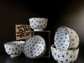 5 Japanse theekommetjes, "Blue stars" setprijs 5x