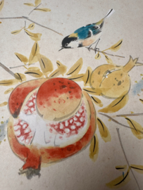 Japanse penseeltekening "Bird with pomegranate " Taïsho periode ± 1930