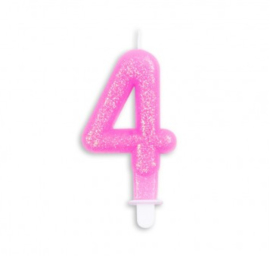 Taart kaars 4 jaar roze glitter 7 cm.