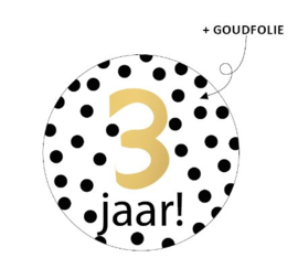 Traktatie sticker 3 jaar wit zwart goud ø 4 cm. p/stuk