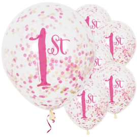 1st Birthday roze confetti ballonnen ø 30 cm. 6 st.