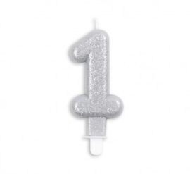 Taart kaars 1 jaar zilver glitter 7 cm.