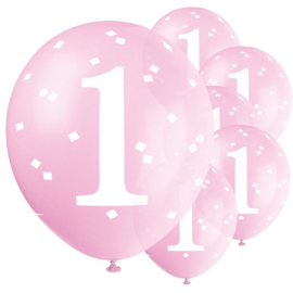 Roze ballonnen cijfer 1 ø 30,4 cm. 5 st.