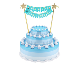 Happy birthday taart topper goud - licht blauw