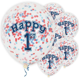 1st Birthday blauwe confetti ballonnen ø 30 cm. 6 st.