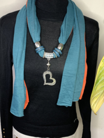 Blauw/oranje sjaalketting met hart hanger