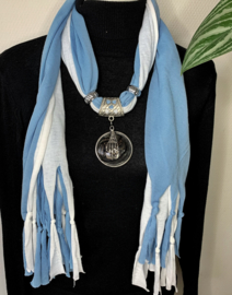 Blauw/witte sjaalketting met ronde hanger