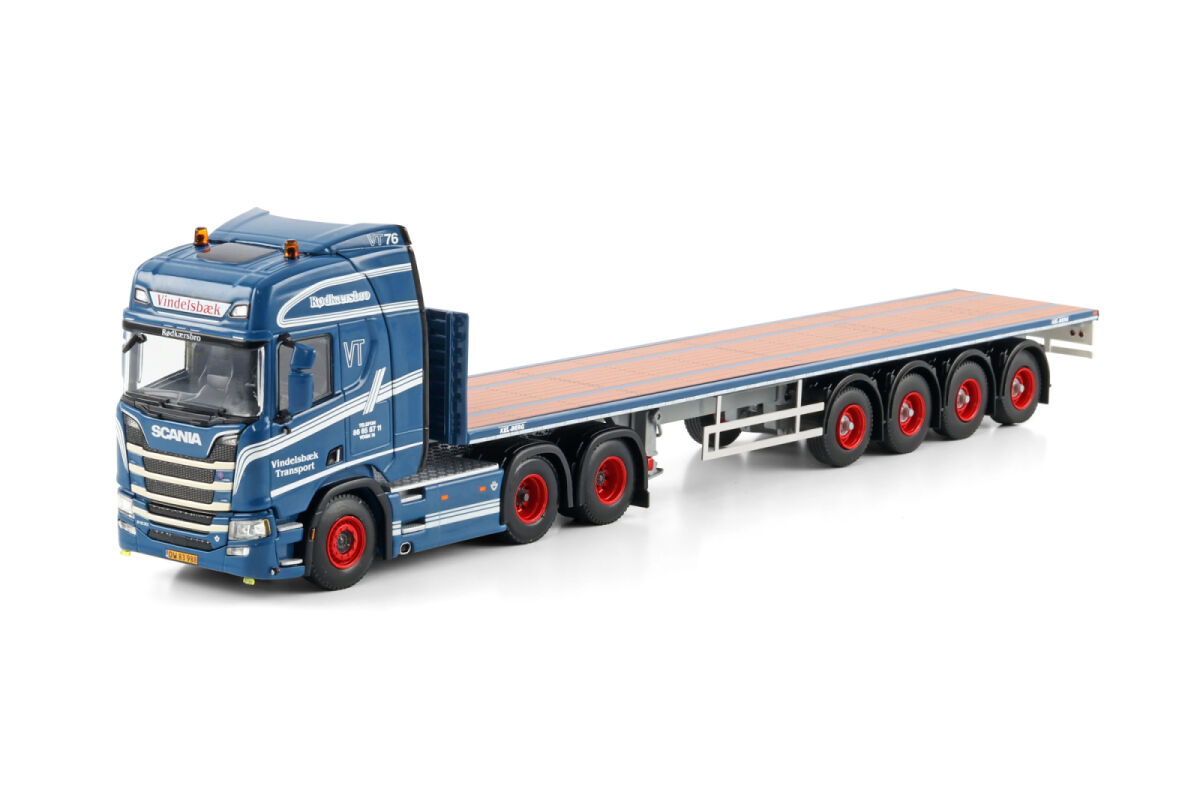 WSI 01-4626 Vindelsbaek; SCANIA R HIGHLINE CR20H 6X2 TAG AXLE FLATBED TRAILER - 4 AXLE