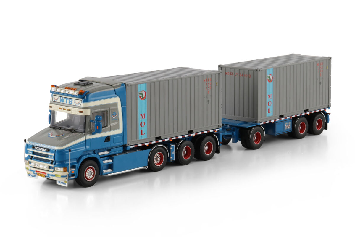 01-4469 WTB - W.Willemstein & Zn; SCANIA 4 SERIES TORPEDO TOPLINE 8X2 TRIDEM RIGED CONTAINER FRAME TRUCK DRAWBAR TRAILER - 7 AXLE + 2X 20FT CONTAINER