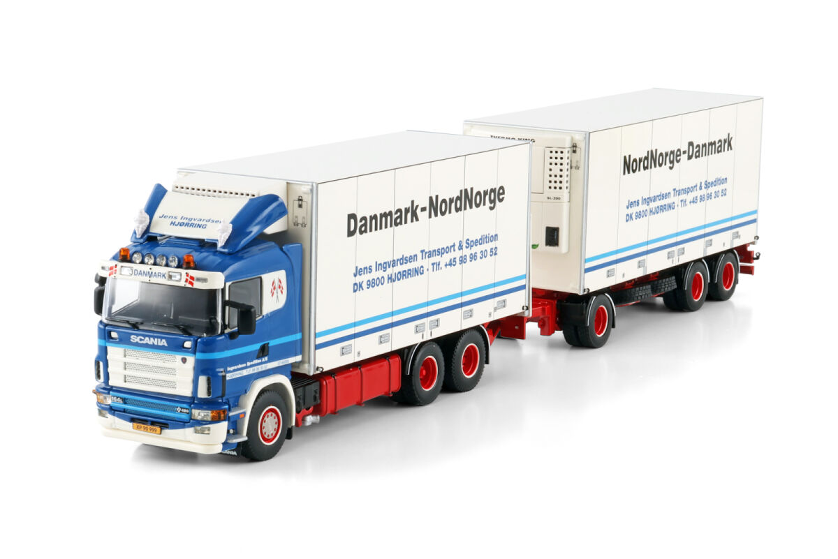 WSI 01-4656 Jens Ingvardsen; SCANIA R4 FLAT ROOF RIGED REEFER TRUCK 6X2 TAG AXLE RIGED REEFER DRAWBAR TURNTABLE TRAILER - 6 AXLE