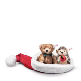 Steiff egel en beertje in kerstmuts 14 cm (voorbestelling)