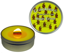 Cracklez® Knister Holzdocht Duftkerze in Dose Frohe Ostern. Chocolate Duft. Gelb.
