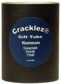 Cracklez® Gift Box Hammam with 3 scented wooden wick tin candles: spearmint hammam, tribal hammam and secret hammam