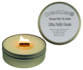 Cracklez® Crackling Scented Wooden Wick Tin Candle Little Fluffy Clouds. Cotton Scent. White.