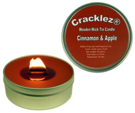 Cracklez® Crackling Scented Wooden Wick Tin Candle Cinnamon and Apple. Red-brown.