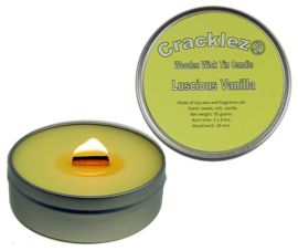 Cracklez® Crackling Scented Wooden Wick Tin Candle Luscious Vanilla. Light-yellow.