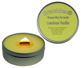 Cracklez® Knetter Houten Lont Geur Kaars in blik  Luscious Vanilla. Rijke Vanille Geur. Licht-geel.