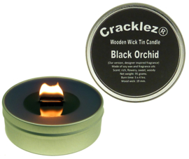 Cracklez® Crackling Scented Wooden Wick Tin Candle Black Orchid. Designer Perfume Inspired.
