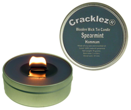 Cracklez® Crackling Scented Wooden Wick Tin Candle Spearmint Hammam. Spa. Dark-grey. Aromatherapy.