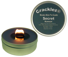 Cracklez® Crackling Scented Wooden Wick Tin Candle Secret Hammam. Eucalyptus and Rosmarin. Spa. Dark-grey. Aromatherapy.