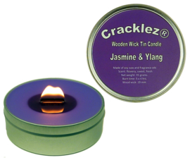 Cracklez® Knister Holzdocht Duftkerze in Dose Jasmin und Ylang. Violett.