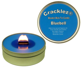 Cracklez® Knetter Houten Lont Geurkaars in blik Bluebell. Bos Hyacinth Geur. Blauw.