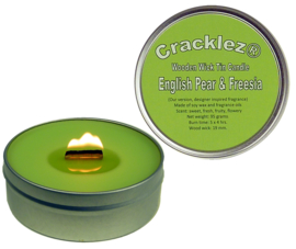 Cracklez® Crackling Scented Wooden Wick Tin Candle English Pear & Freesia. Designer Perfume Inspired. Light-green.