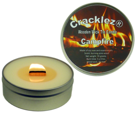 Cracklez® Crackling Scented Wooden Wick Tin Candle Campfire. Pine Wood Fire Scent. Uncolored.