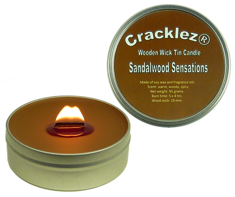 Cracklez® Crackling Scented Wooden Wick Tin Candle Sandalwood Sensations. Spicy Sandalwood. Dark-brown.