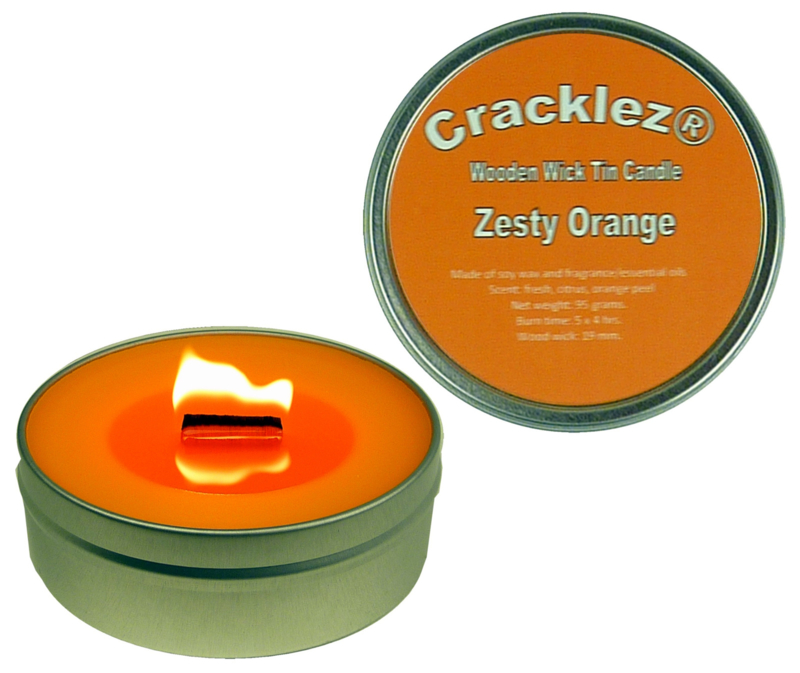 Cracklez® Crackling Scented Wooden Wick Tin Candle Zesty Orange.