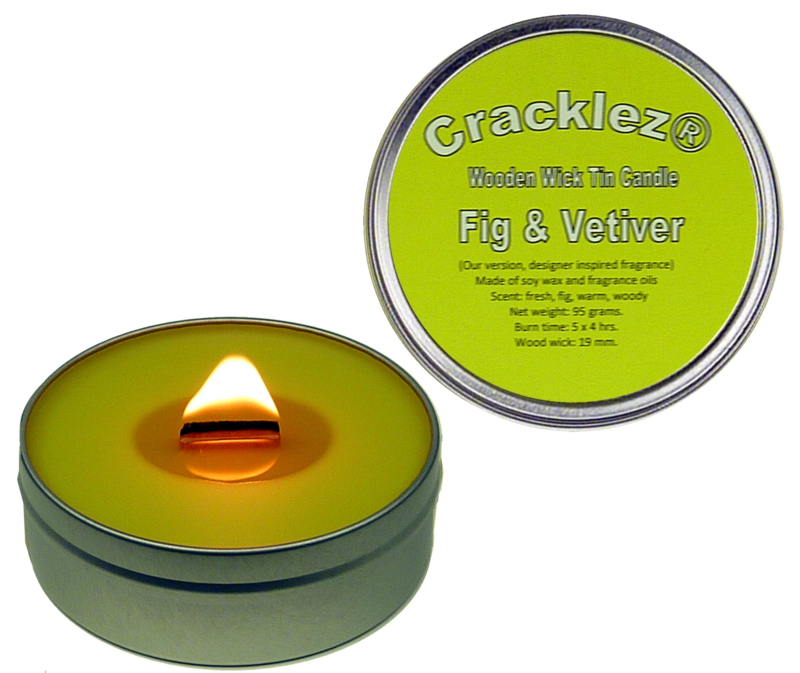 Cracklez® Crackling Scented Wooden Wick Tin Candle Fig & Vetiver. Designer Perfume Inspired. Light-green.
