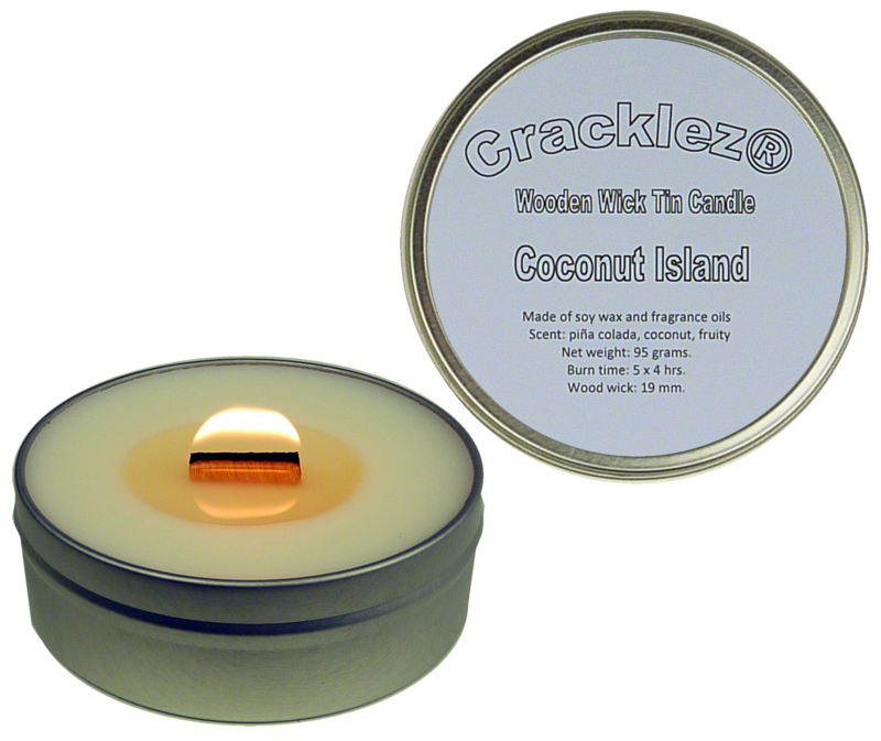Cracklez® Crackling Scented Wooden Wick Tin Candle Coconut Island. Coconut and Tropical Fruits. White.