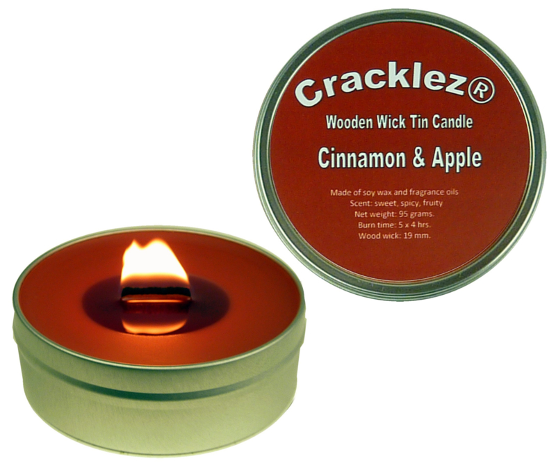 Cracklez® Knister Holzdocht Duftkerze in Dose Apfel und Zimt. Rot-braun.