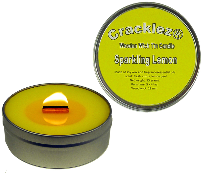Cracklez® Crackling Scented Wooden Wick Tin Candle Sparkling Lemon. Yellow.