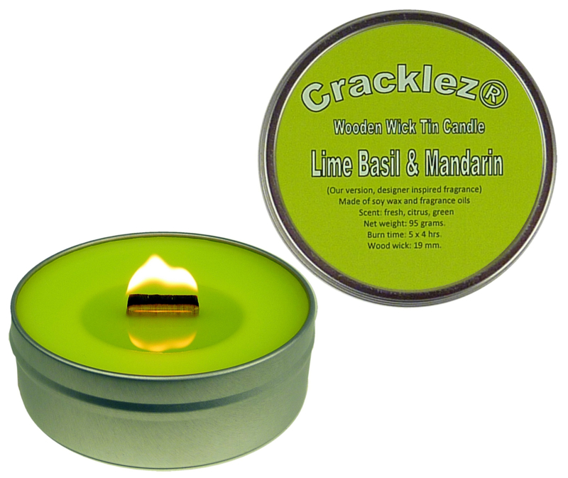 Cracklez® Crackling Scented Wooden Wick Tin Candle Lime Basil & Mandarin. Designer Perfume Inspired.