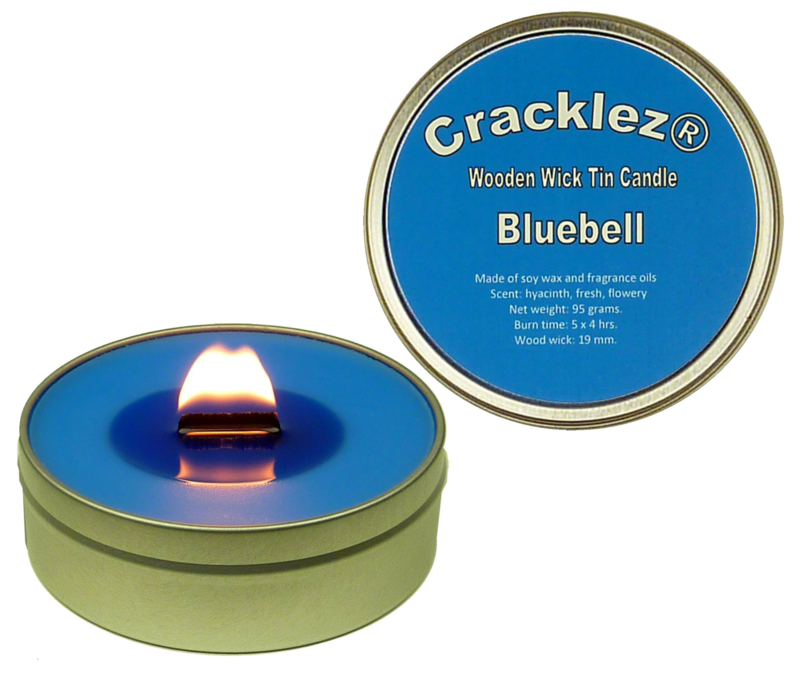 Cracklez® Crackling Scented Wooden Wick Tin Candle Bluebell. Wild Hyacinth. Blue.