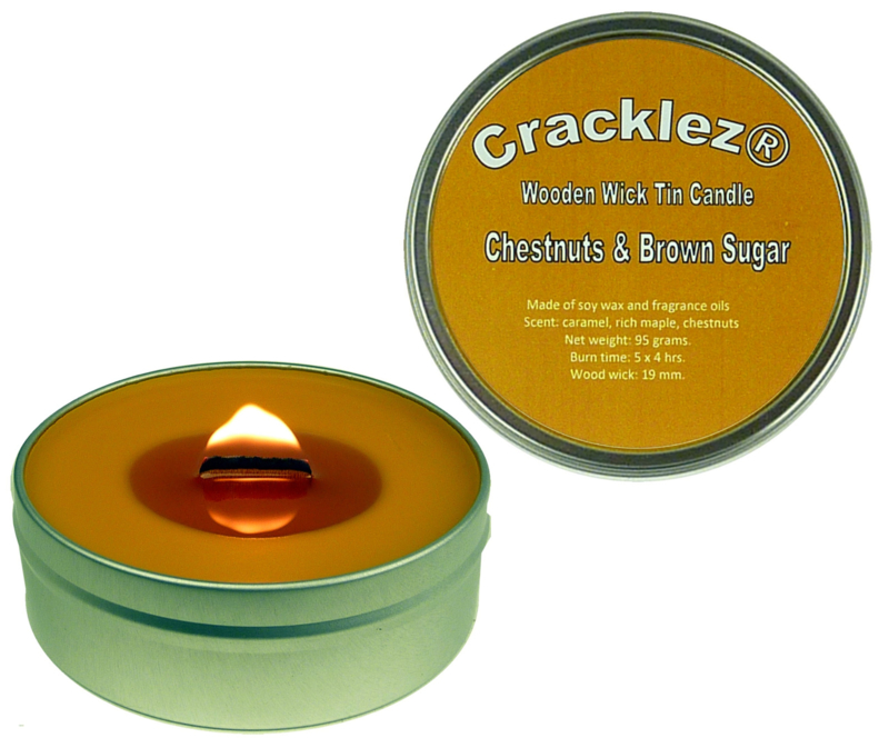 Cracklez® Crackling Scented Wooden Wick Tin Candle Chestnuts & Brown Sugar. Caramel and Nuts. Caramel-brown.