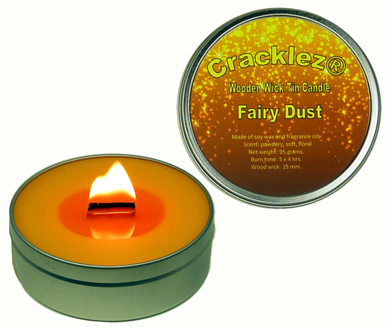 Cracklez®  Knetter Houten Lont Geurkaars in blik Fairy Dust. Designer Parfum Geinspireerd. Goudkleurig.