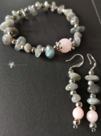 Oorbellen en armband set "Aura" | Labradoriet en rozenkwarts