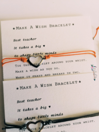 Verstelbare Make A Wish Bracelet Heart | zilverkleurige | Juf en meester