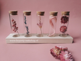 5 glazen flesjes met droogbloemen op standaard | Opi