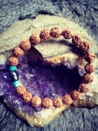 Unieke herenarmband met Rudraksha zaden, Boeddhha en Turquoise kralen 22 cm