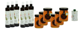 Olijfolie Super Extra Vierge 6 x 750 ml (blik of glas) + 6 x 450gram wilde tijmhoning, gratis verzending en gratis 250ml olijfolie