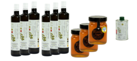 Olijfolie Super Extra Vierge 6 x 750 ml (blik of glas) + 3 x 450gram wilde tijmhoning, gratis verzending en gratis 250ml olijfolie