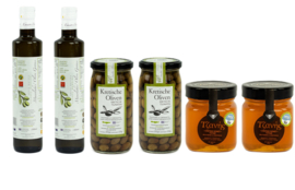 Olijfolie Super Extra Vierge 2 x 500 ml (blik of glas) + 2 potten Koroneiki olijven + 2 x 195 gram wilde tijmhoning, gratis verzending en gratis 250ml olijfolie