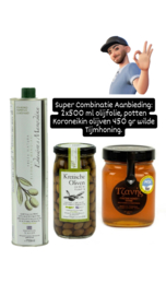 Olijfolie Extra Vierge 2 x 500 ml + pot olijven +  450 gram tijmhoning.