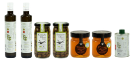 Olijfolie Super Extra Vierge 2 x 500 ml (blik of glas) + 2 potten Koroneiki olijven + 2 x 195 gram wilde tijmhoning, gratis verzending en gratis 250ml olijfolie