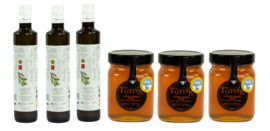 Olijfolie Super Extra Vierge 3 x 500 ml (blik of glas) + 3 x 450gram wilde tijmhoning, gratis verzending en gratis 250ml olijfolie