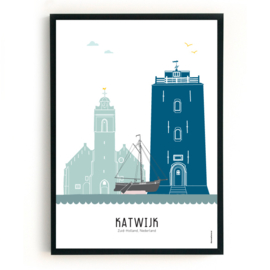 Poster Katwijk aan Zee in kleur  - A4
