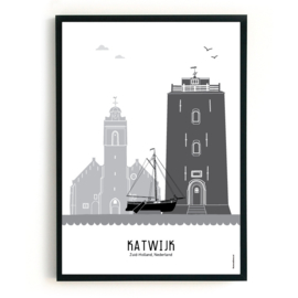 Poster Katwijk aan Zee zwart-wit-grijs  - A4